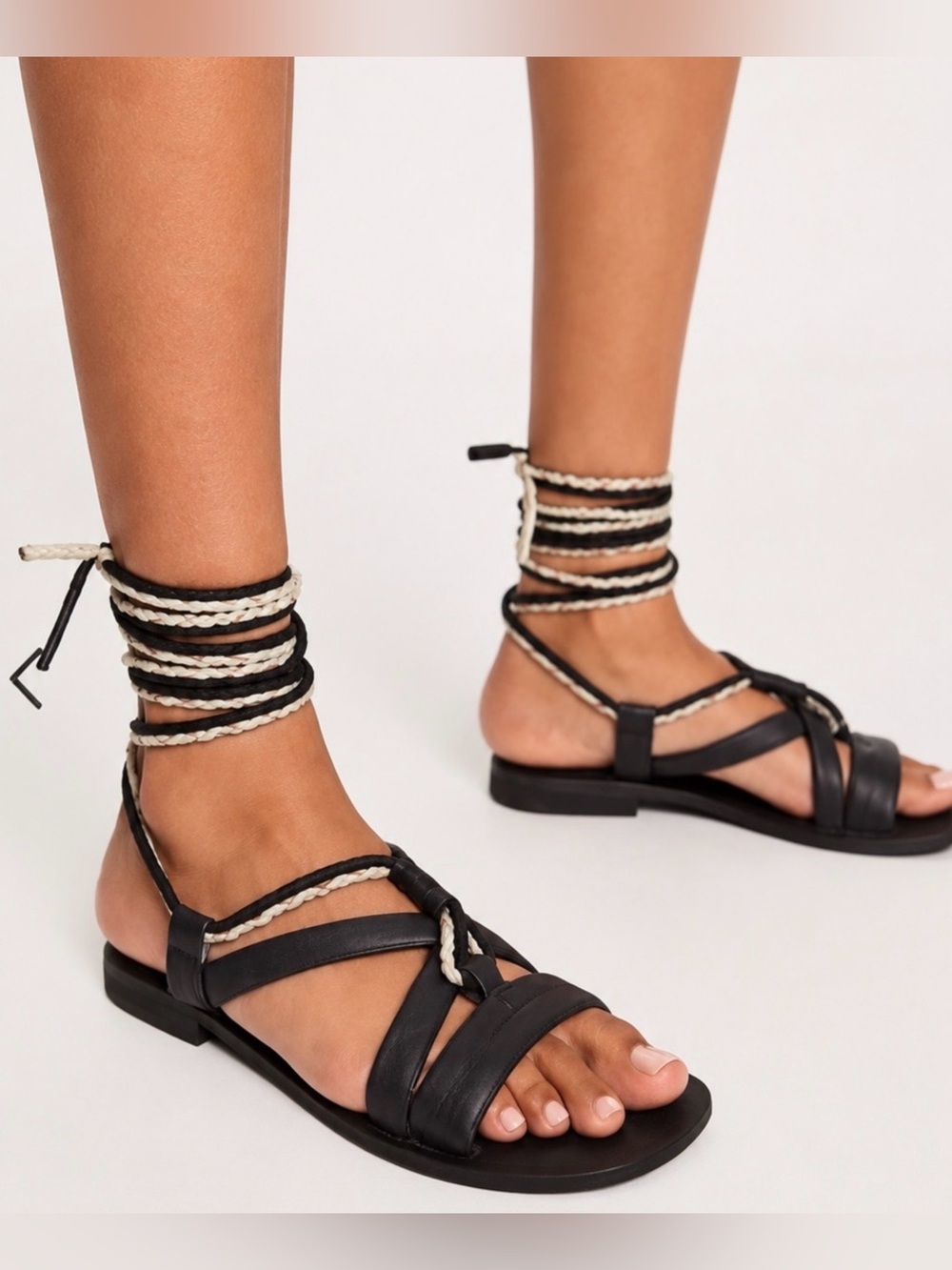 Free People | Black Leather Ankle Tie Sandal | Size 39